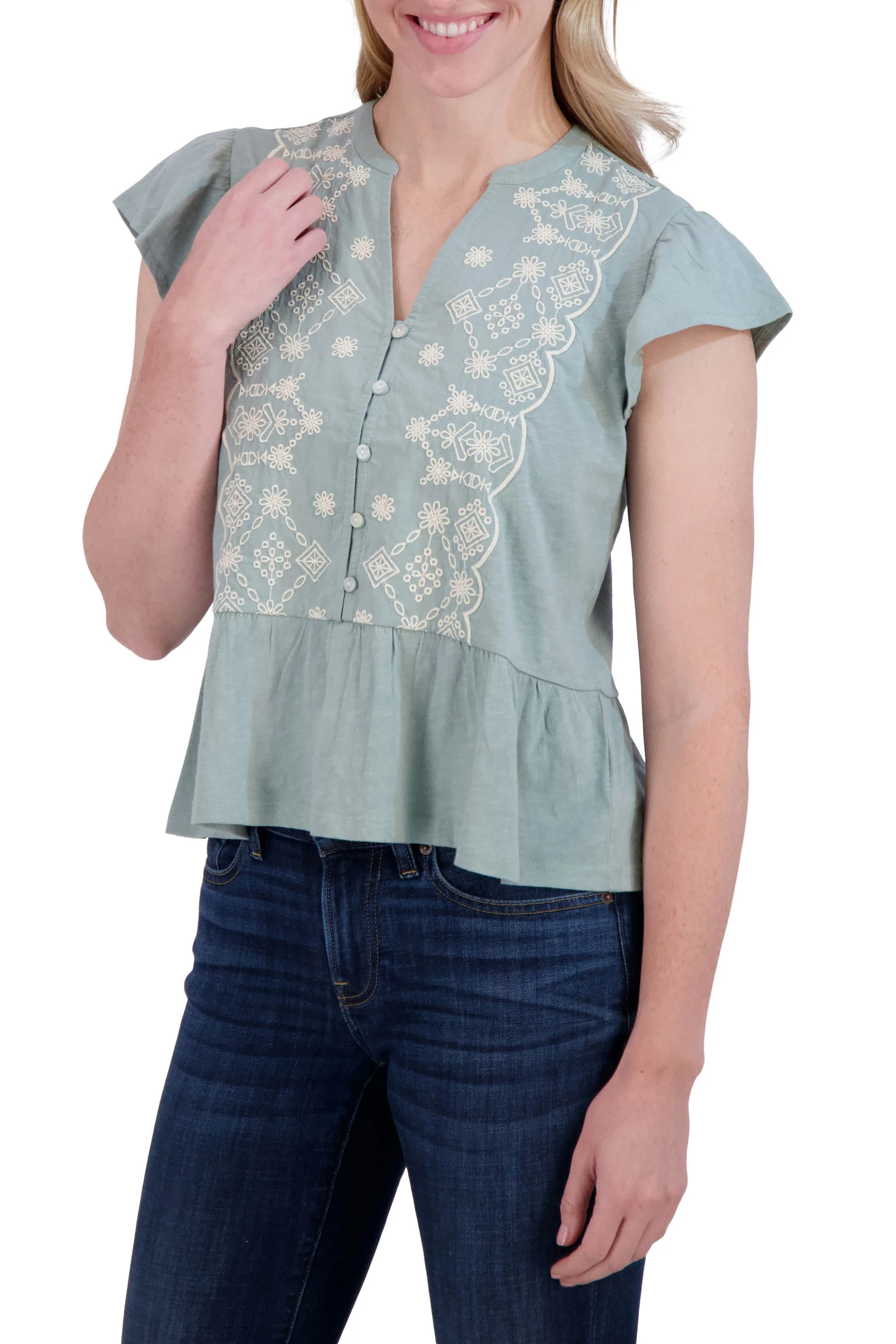 Lucky Brand Women's Ott Flutter Sleeve Top - Sage - Image 3