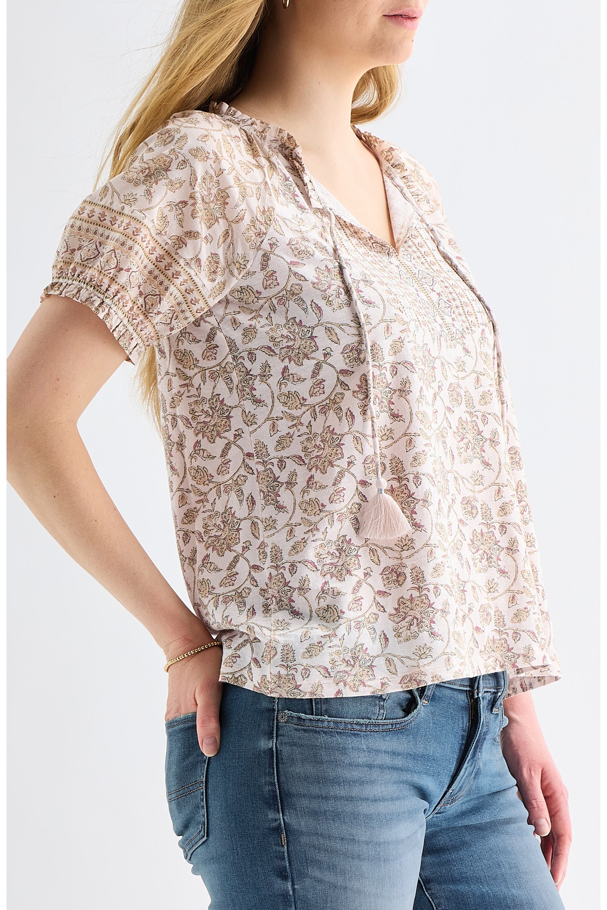 Lucky Brand Women's Short Sleeve Notch Neck - Pink Multi - Image 3
