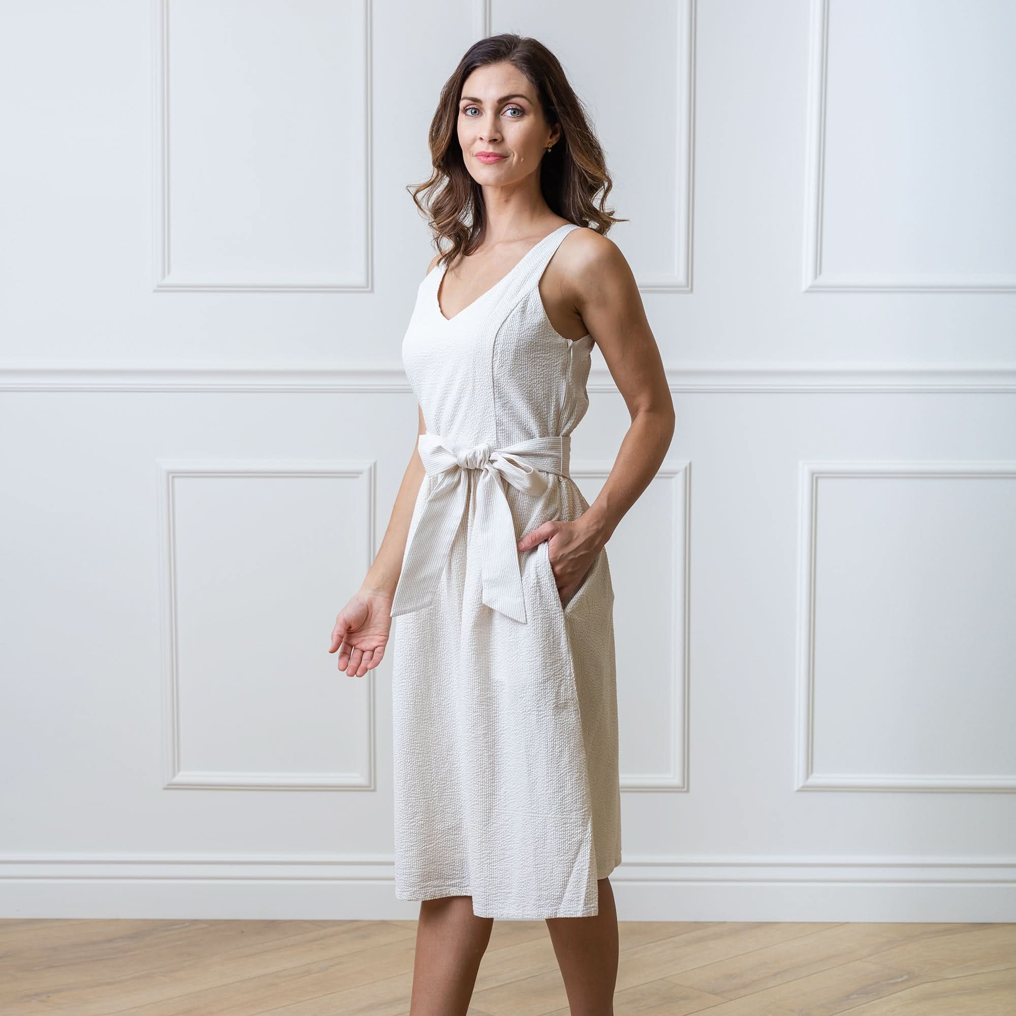 A-Line Organic Dress with Sash Taupe - Image 4