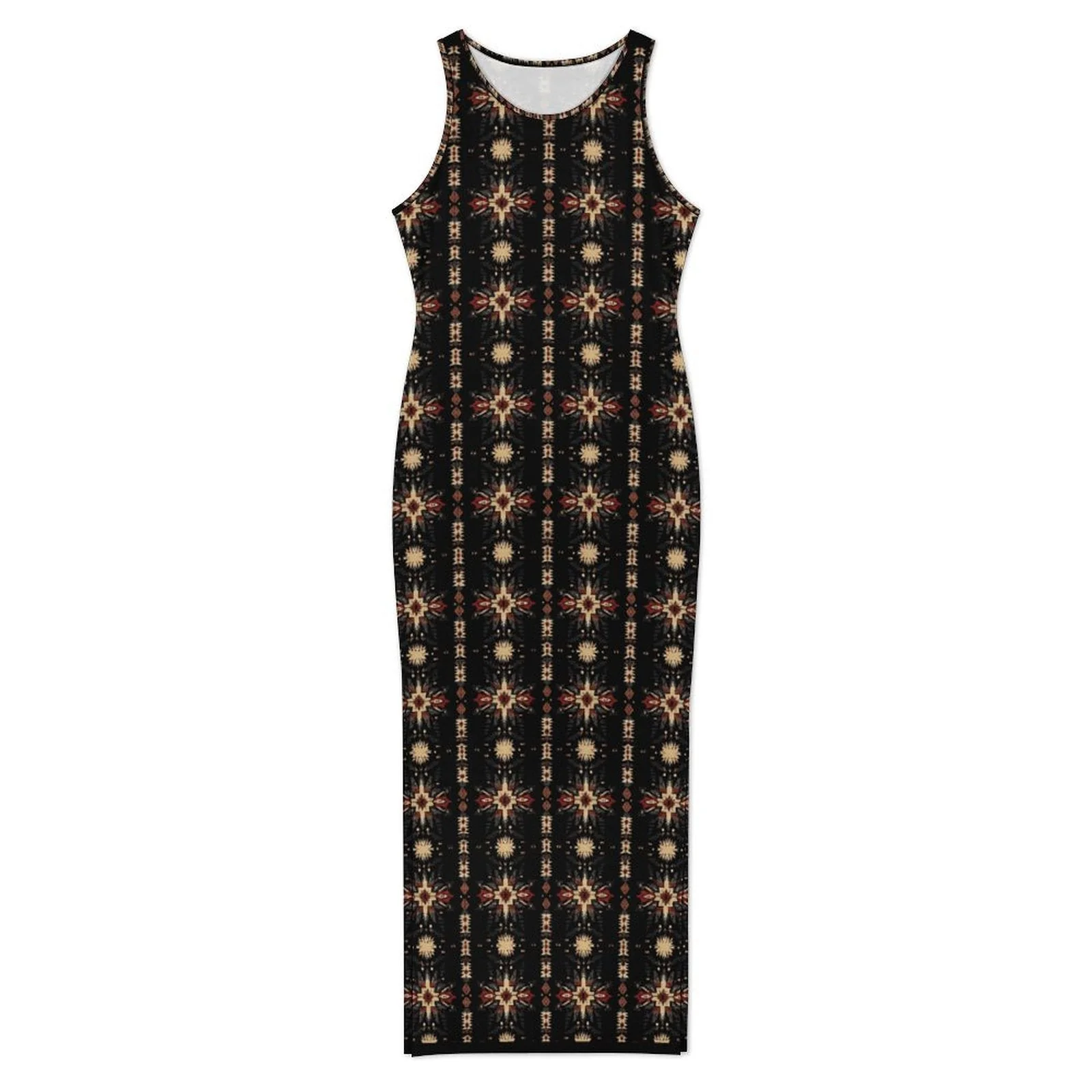 Baha Ranch Black and Tan Aztec Sleeveless Bodycon Side Slit Maxi Dress - Image 2