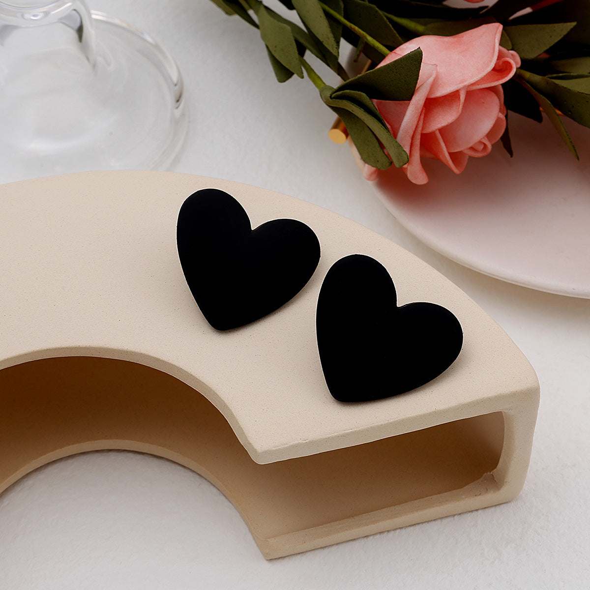Black Acrylic & Silvertone Heart Stud Earrings - Image 3