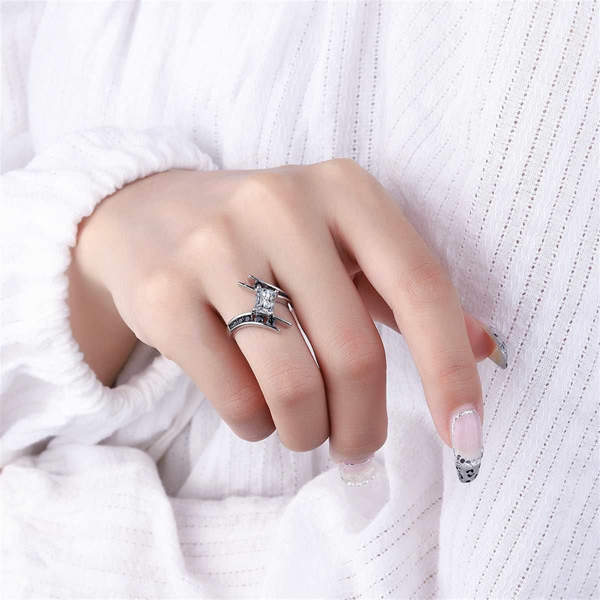 Black Cubic Zirconia & Crystal Silvertone Ring - Image 2