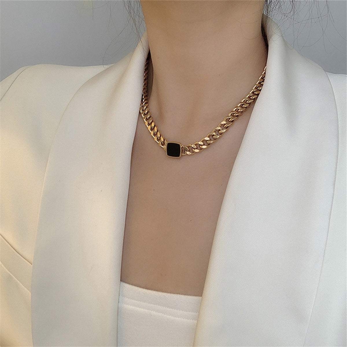 Black Enamel & Goldtone Square Pendant Necklace - Image 3