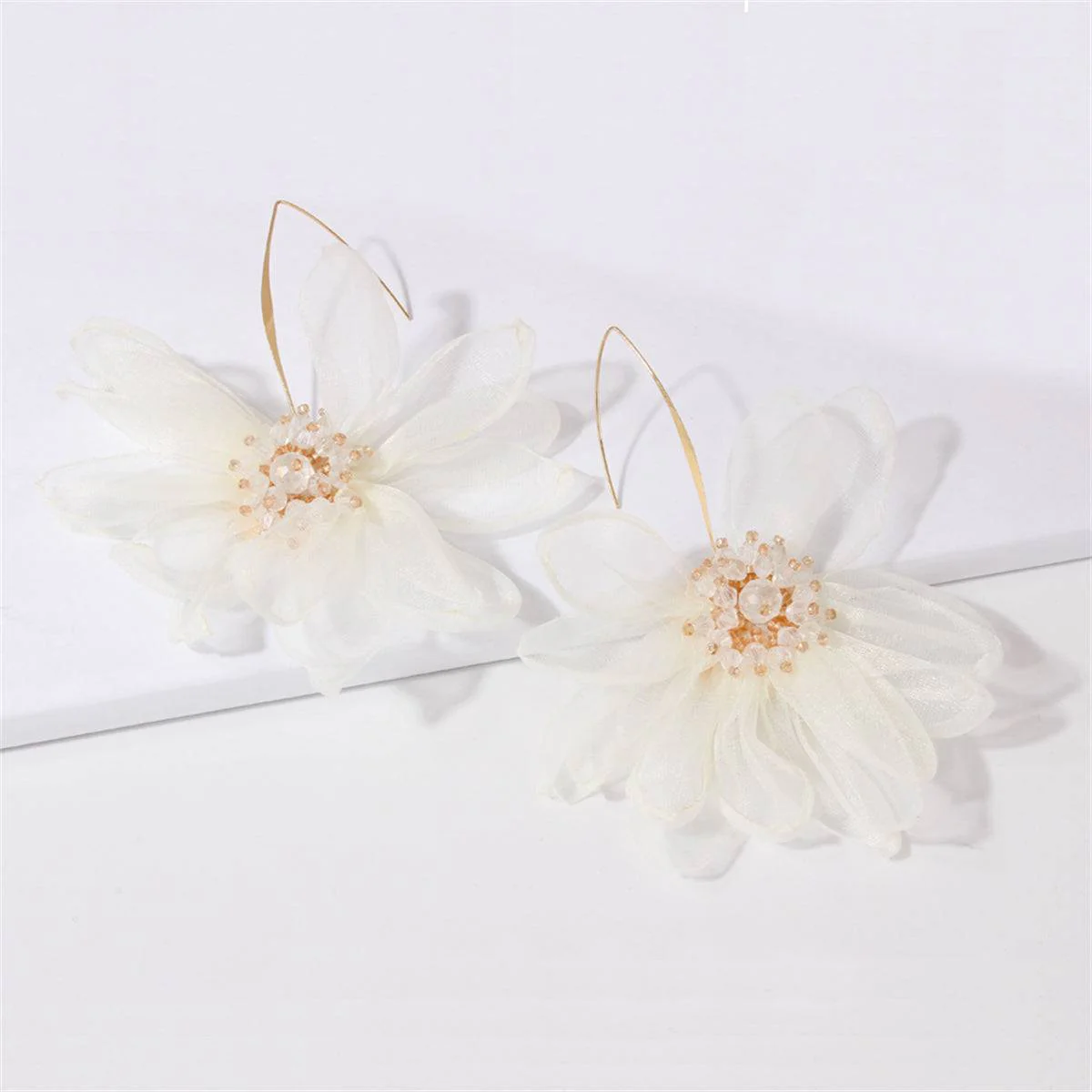 Black Polyster & Acrylic Goldtone Flower Huggie Earring - Image 4