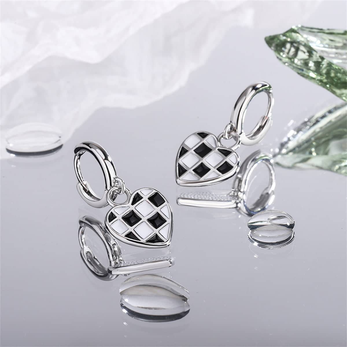 Black & White Checkerboard Heart Drop Earrings - Image 2