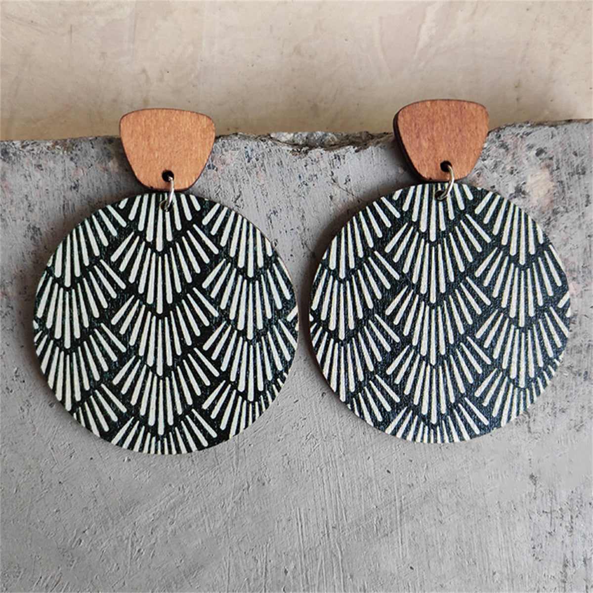 Black Wood & Silvertone Geometric Round Dangle Earrings - Image 2