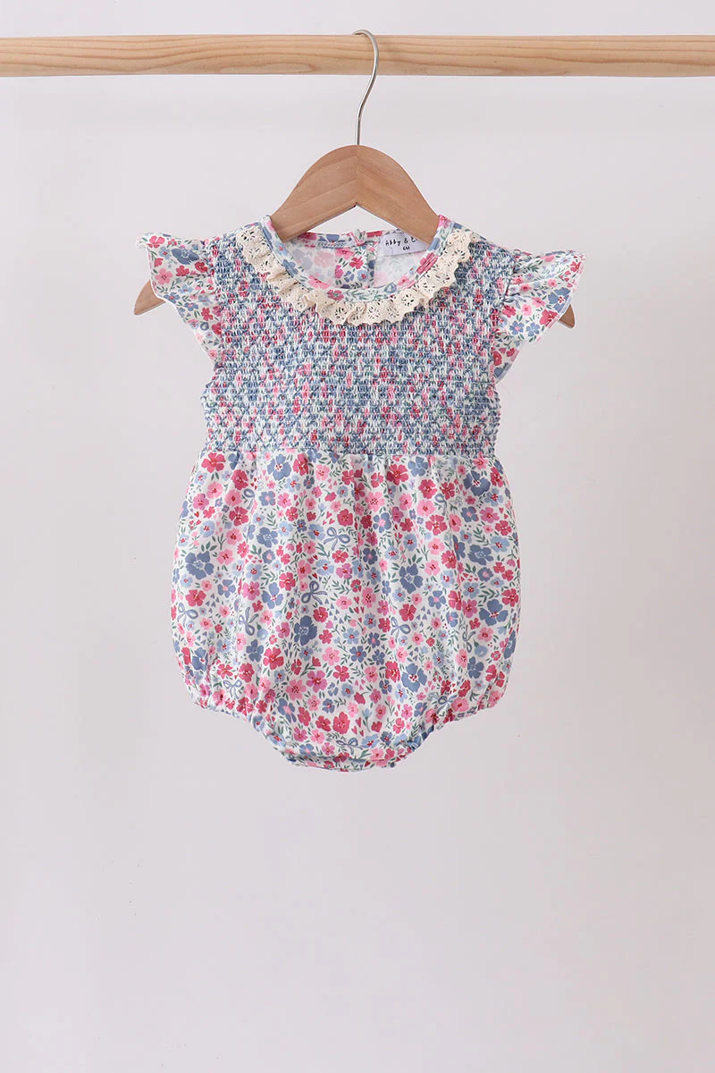 Blue Floral Smocked Ruffle Bubble