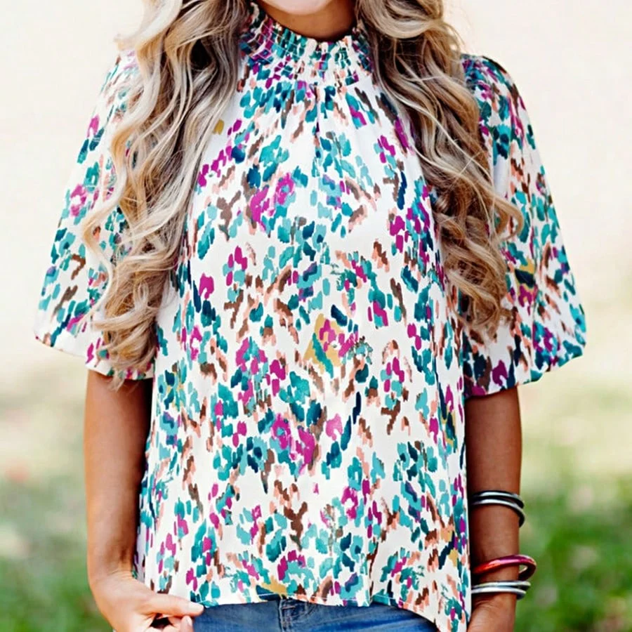 Boho Retro Vintage 60's Vibe Rose  Abstract Print Shirred Mock Button Neck Lantern Puff Bubble Sleeve Top Shirt Blouse - Image 12