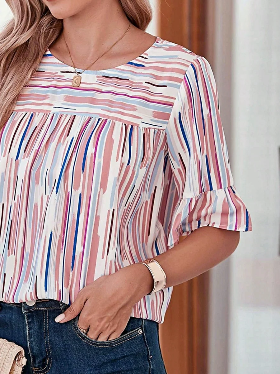Boho Retro Vintage 60's Vibe Rose  Abstract Print Shirred Mock Button Neck Lantern Puff Bubble Sleeve Top Shirt Blouse - Image 15