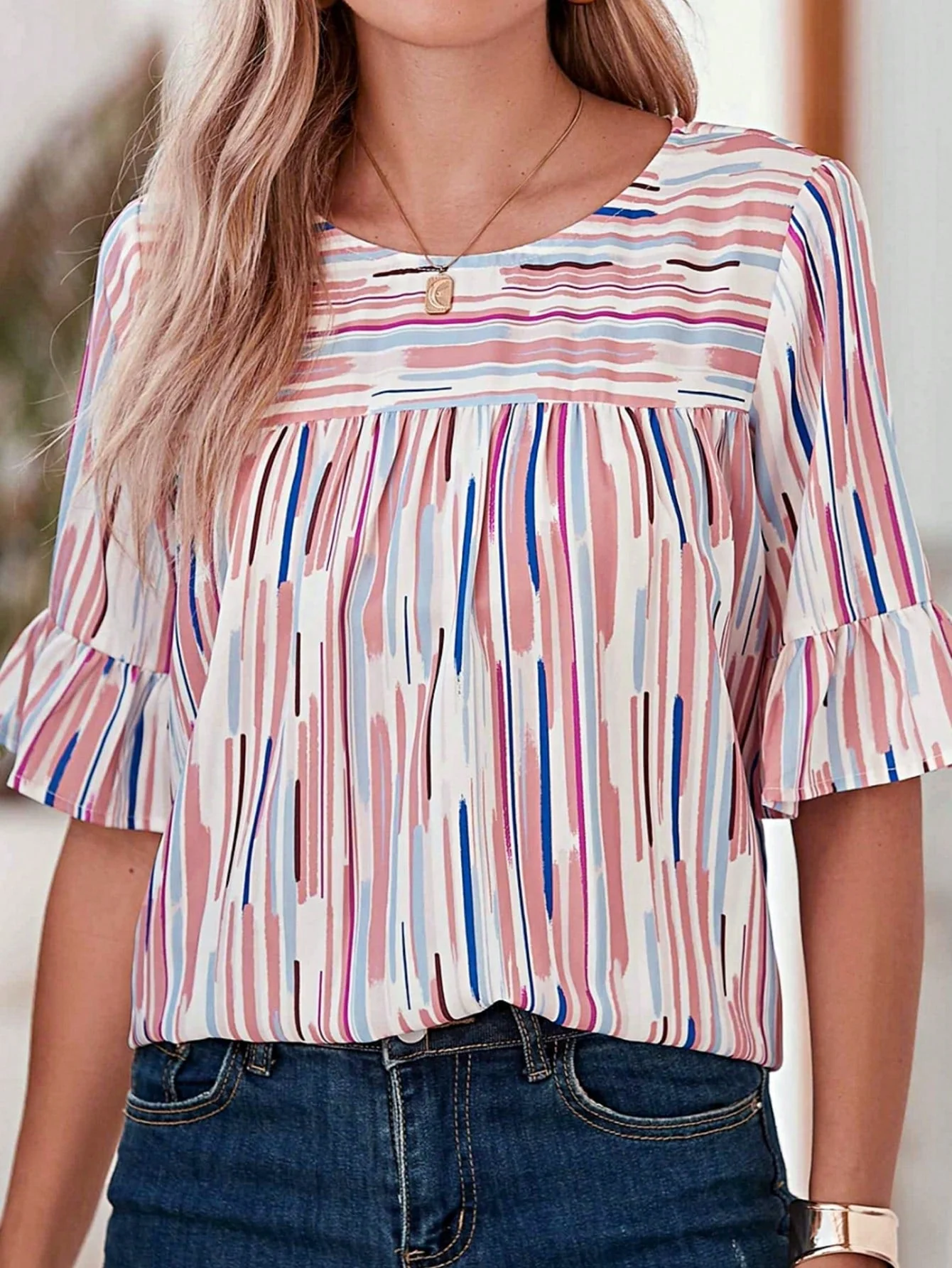 Boho Retro Vintage 60's Vibe Rose  Abstract Print Shirred Mock Button Neck Lantern Puff Bubble Sleeve Top Shirt Blouse - Image 17