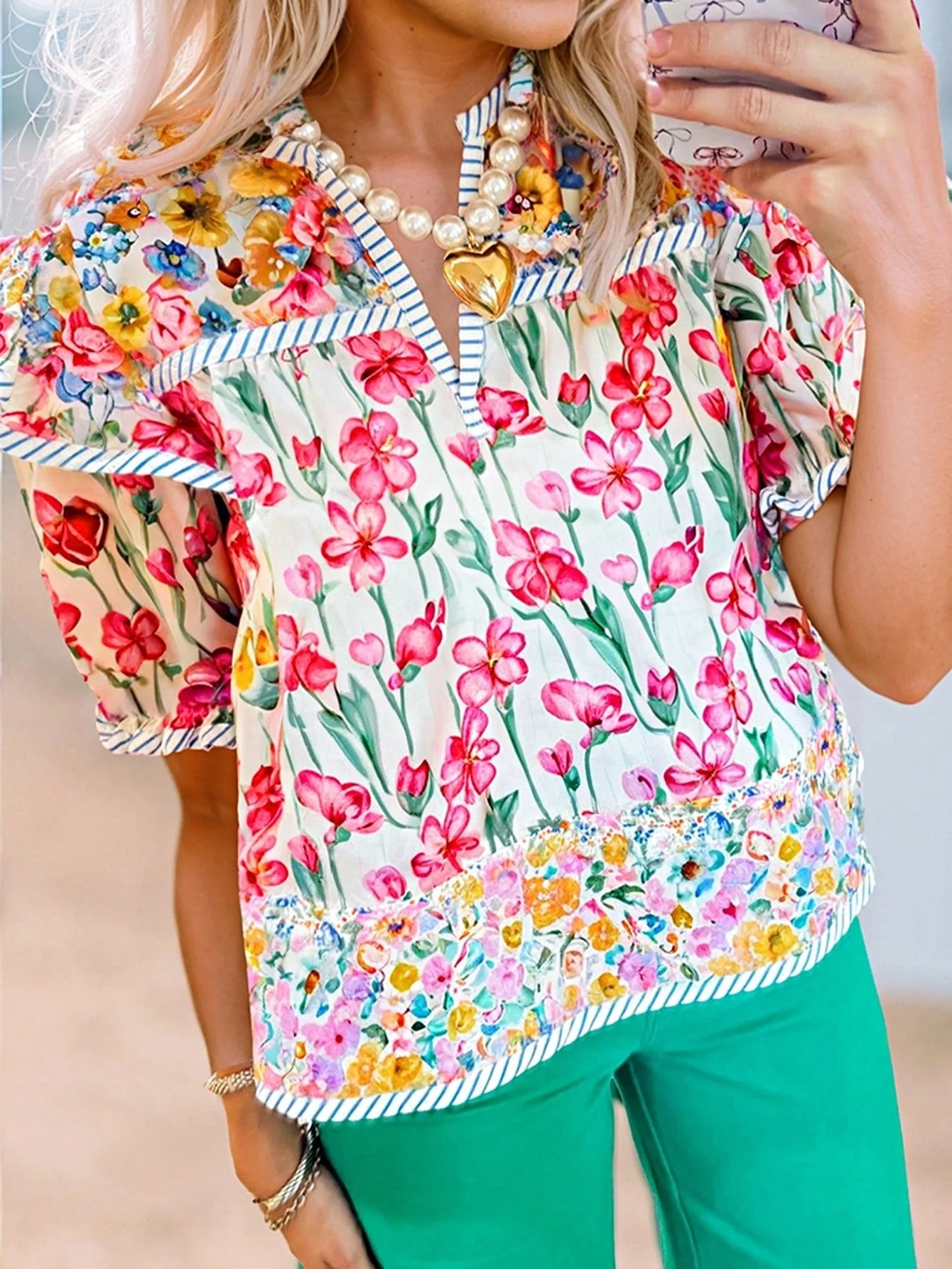 Boho Retro Vintage 60's Vibe Rose  Abstract Print Shirred Mock Button Neck Lantern Puff Bubble Sleeve Top Shirt Blouse - Image 22