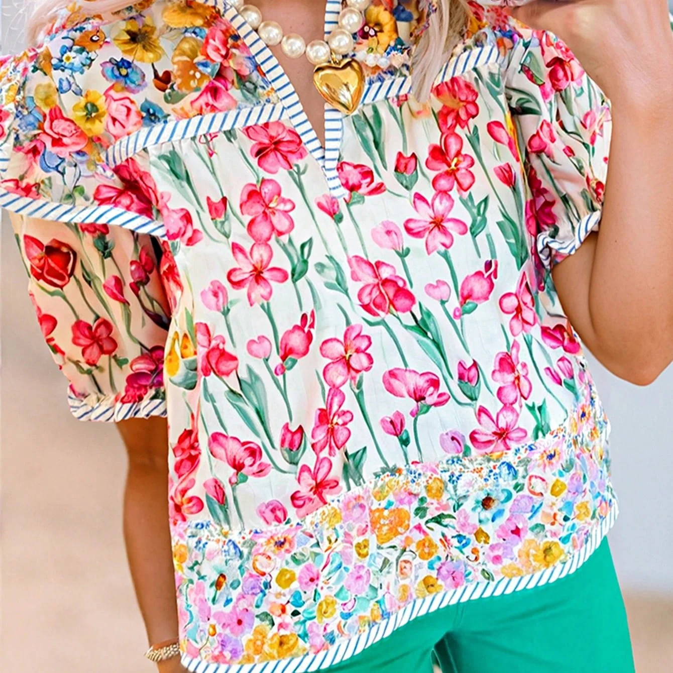 Boho Retro Vintage 60's Vibe Rose  Abstract Print Shirred Mock Button Neck Lantern Puff Bubble Sleeve Top Shirt Blouse - Image 26