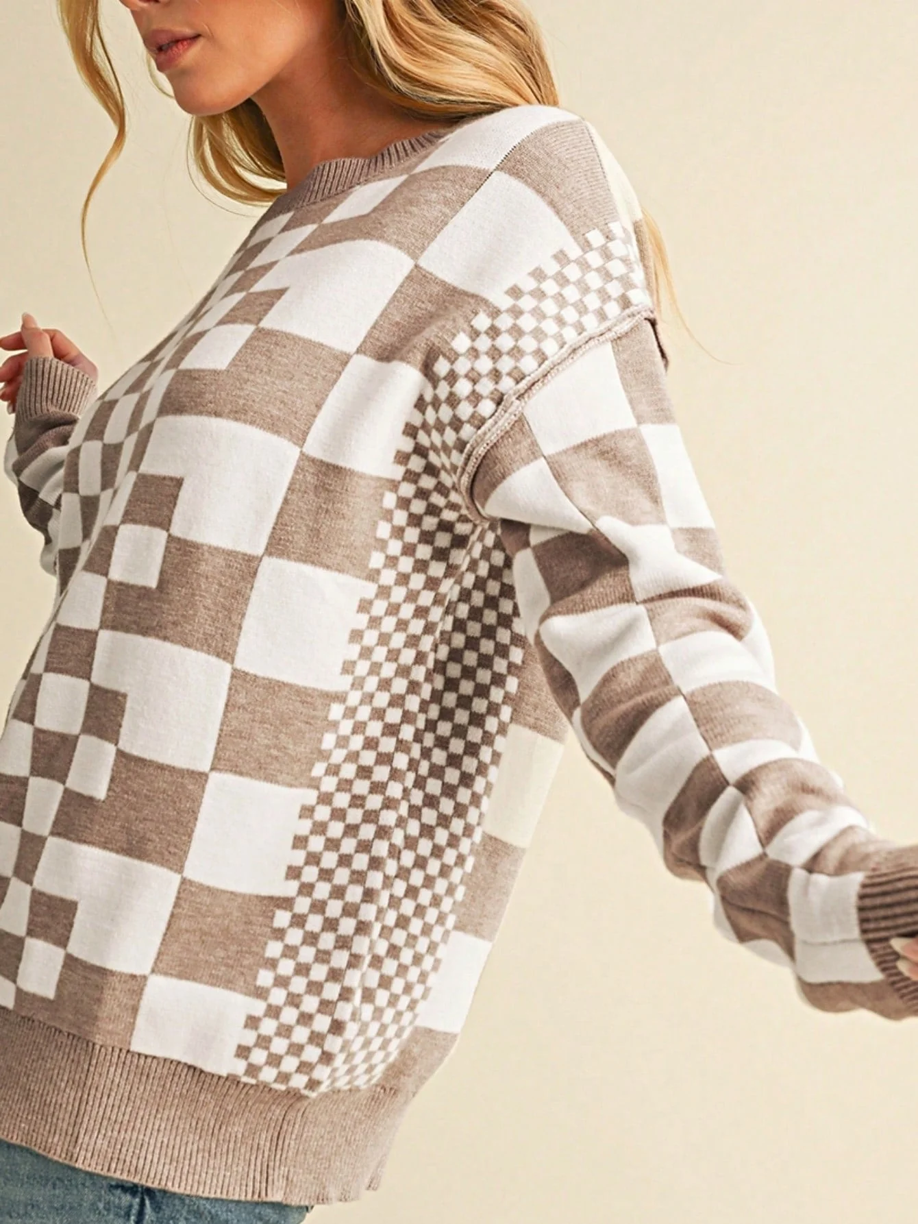 Boho Retro Vintage Viscose 60's  Drop Shoulder Button Henley Side  Sleeve Khaki Beige Checkered Cream Sweater Knit Top Pullover Red - Image 11