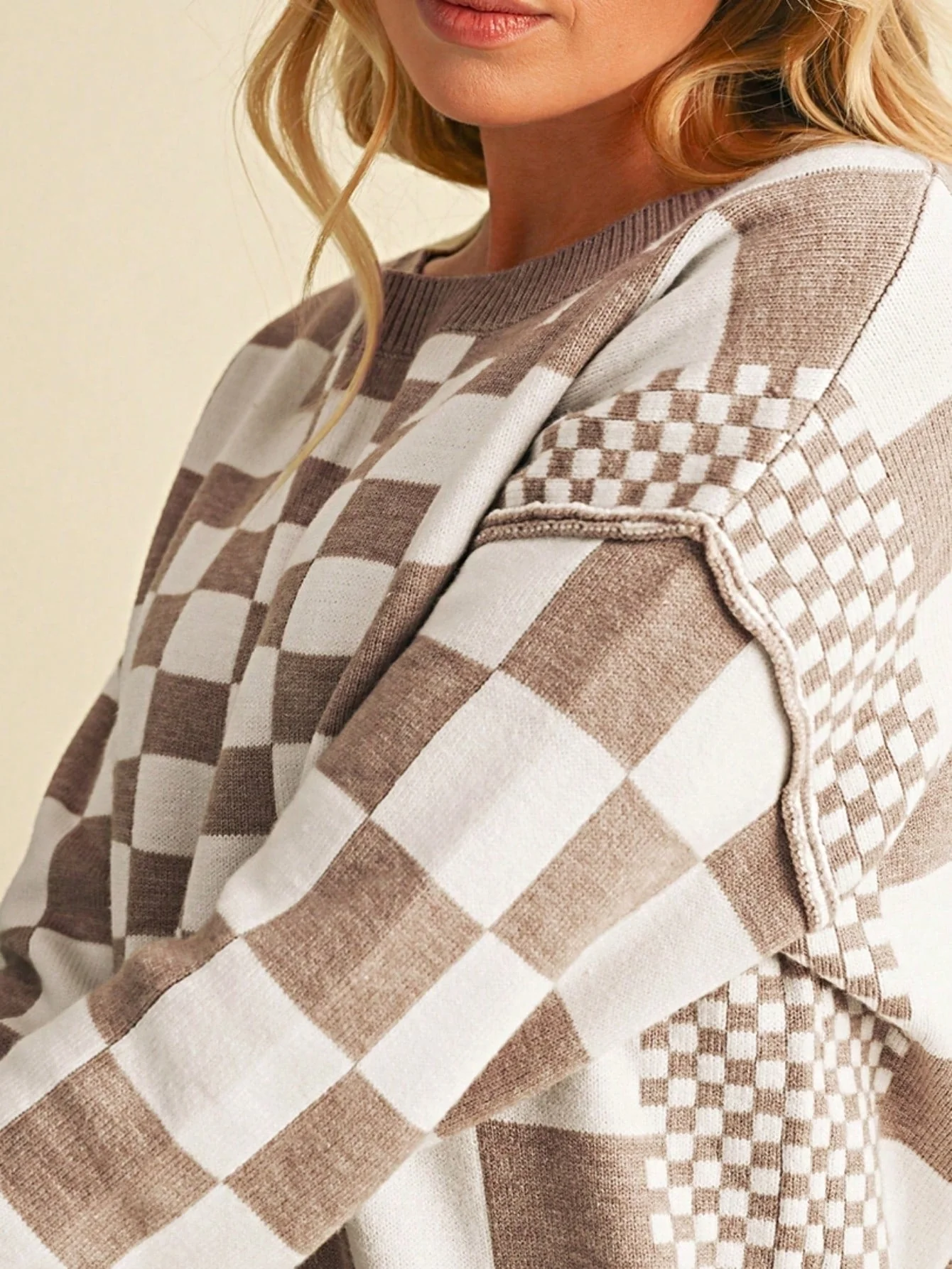 Boho Retro Vintage Viscose 60's  Drop Shoulder Button Henley Side  Sleeve Khaki Beige Checkered Cream Sweater Knit Top Pullover Red - Image 13