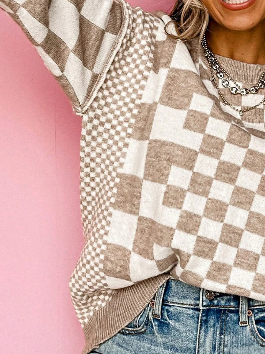 Boho Retro Vintage Viscose 60's  Drop Shoulder Button Henley Side  Sleeve Khaki Beige Checkered Cream Sweater Knit Top Pullover Red - Image 14