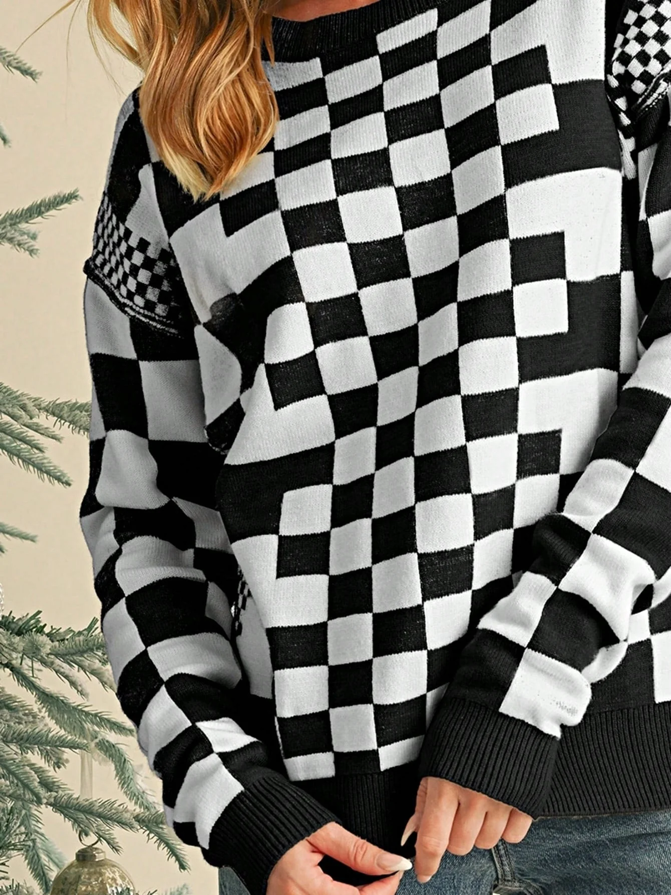 Boho Retro Vintage Viscose 60's  Drop Shoulder Button Henley Side  Sleeve Khaki Beige Checkered Cream Sweater Knit Top Pullover Red - Image 19