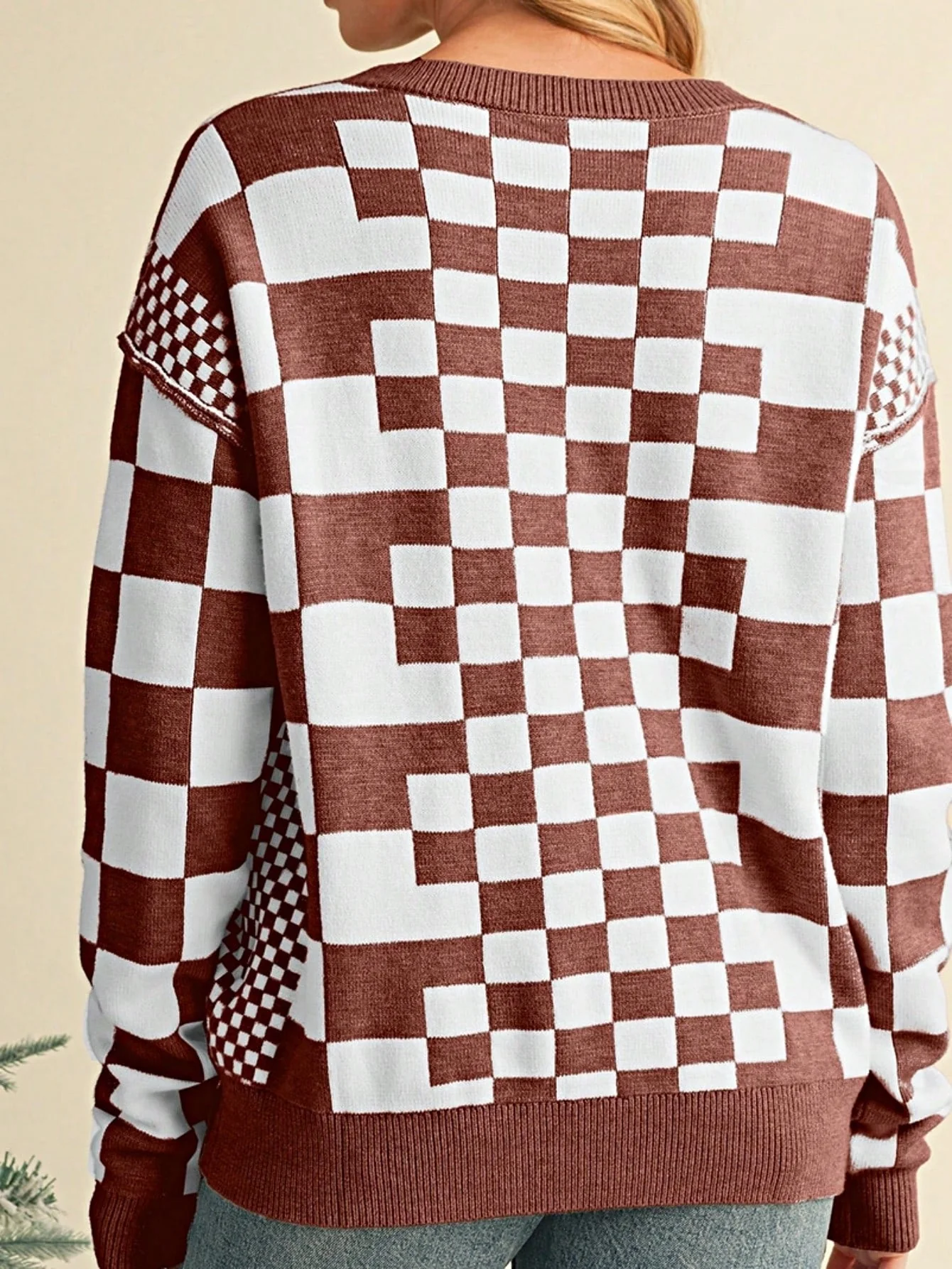 Boho Retro Vintage Viscose 60's  Drop Shoulder Button Henley Side  Sleeve Khaki Beige Checkered Cream Sweater Knit Top Pullover Red - Image 25