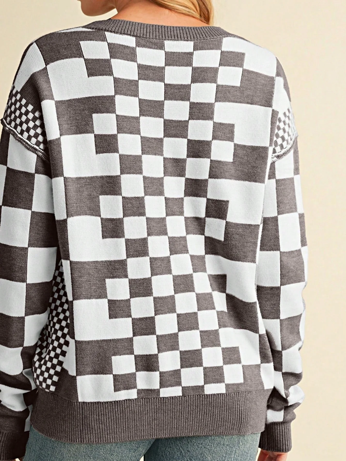Boho Retro Vintage Viscose 60's  Drop Shoulder Button Henley Side  Sleeve Khaki Beige Checkered Cream Sweater Knit Top Pullover Red - Image 31