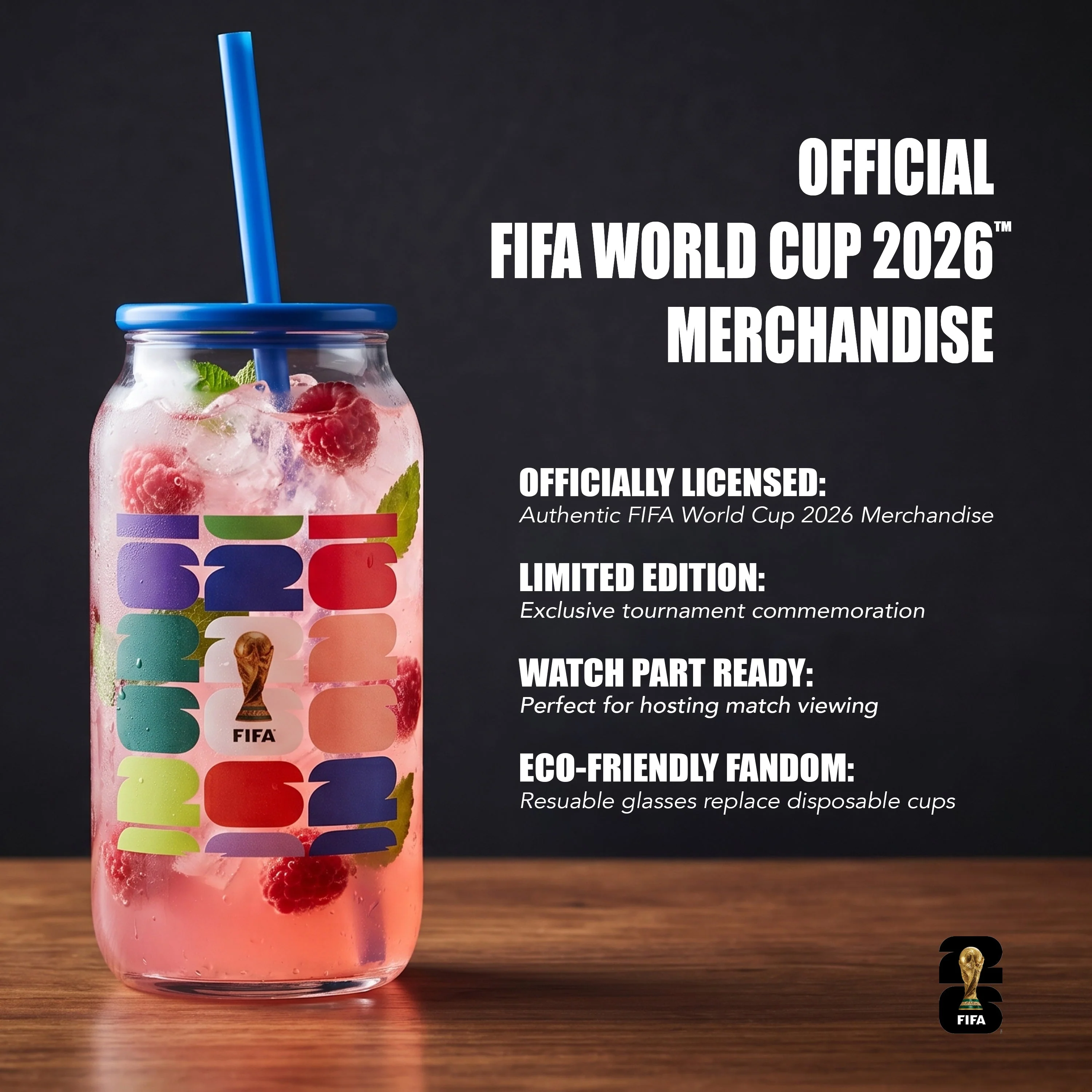 FIFA Trophy Glass Sipper with Blue Plastic Lid & Straw 18 OZ. - Image 3