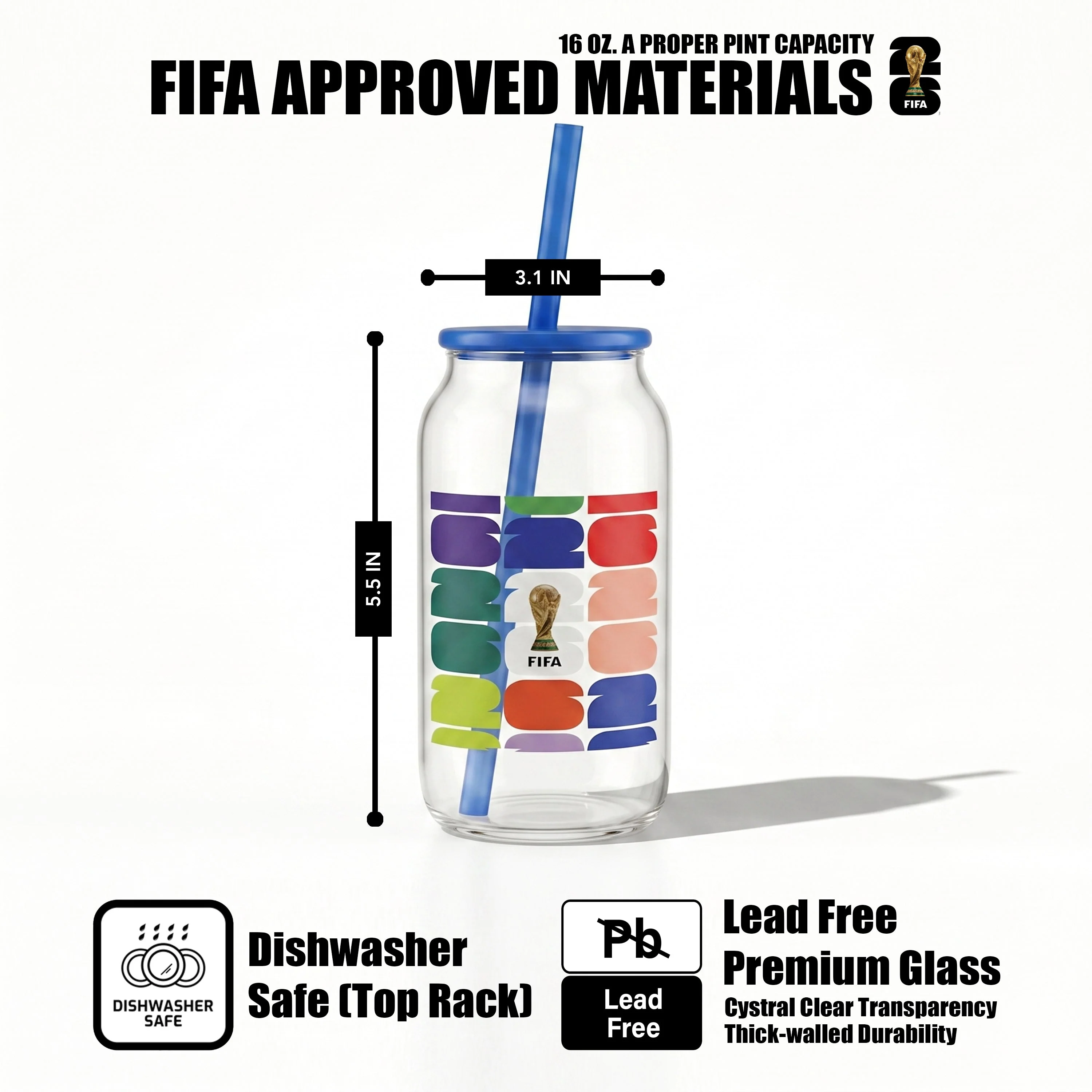 FIFA Trophy Glass Sipper with Blue Plastic Lid & Straw 18 OZ. - Image 5