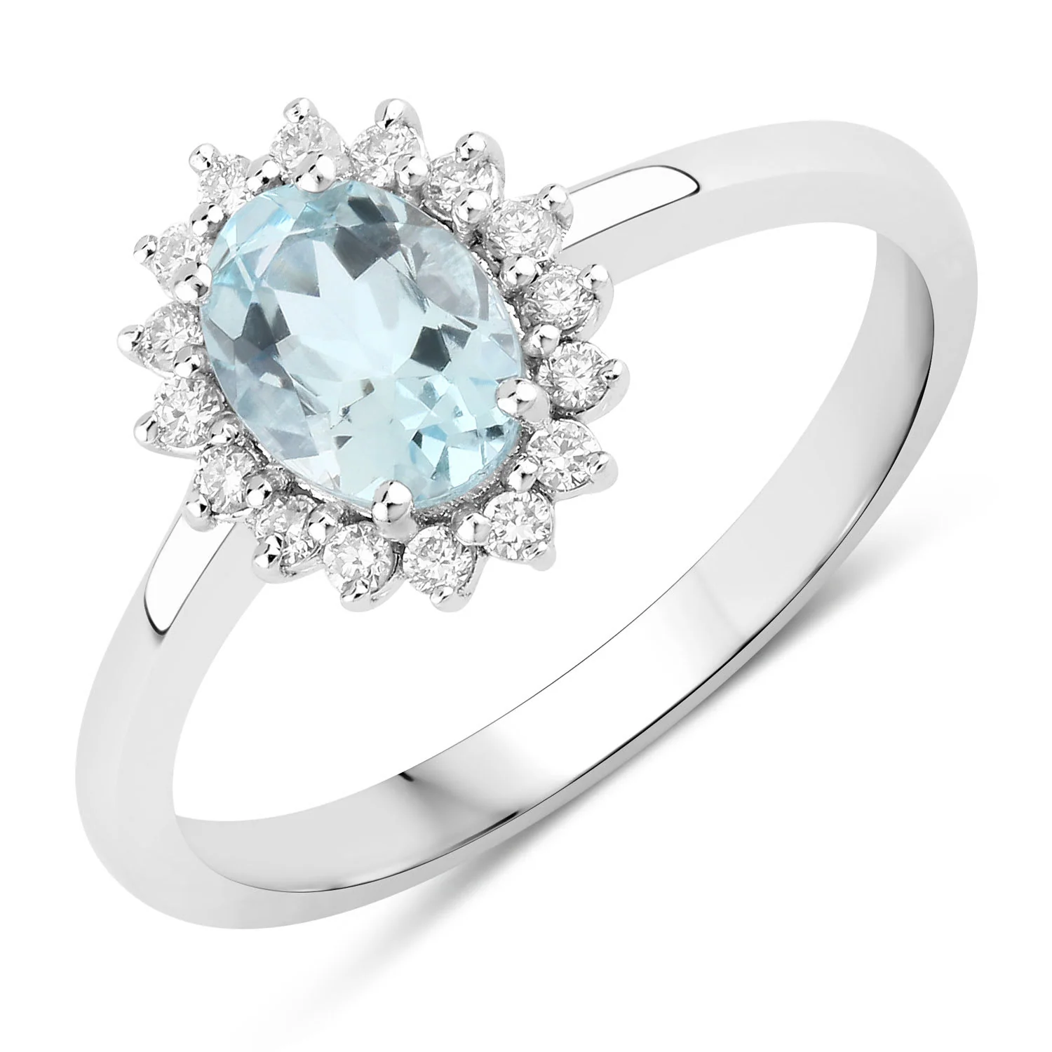 Fine Color Jewels 0.76 Ct Genuine Aquamarine and Lab Grown Diamond Silver Halo Ring