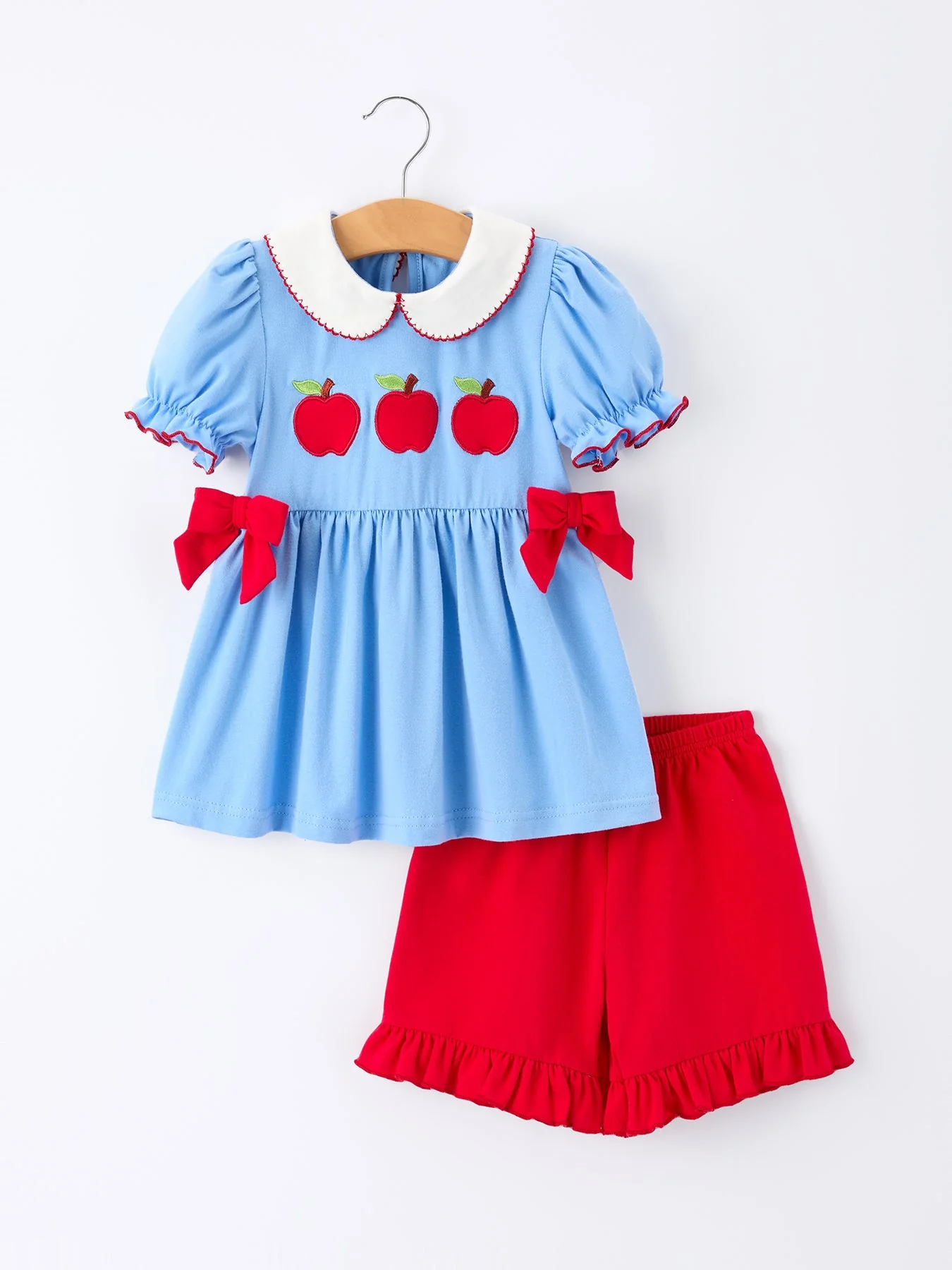 Girls Back To School Apple Outfit Set Bow Ruffle Petal Collar