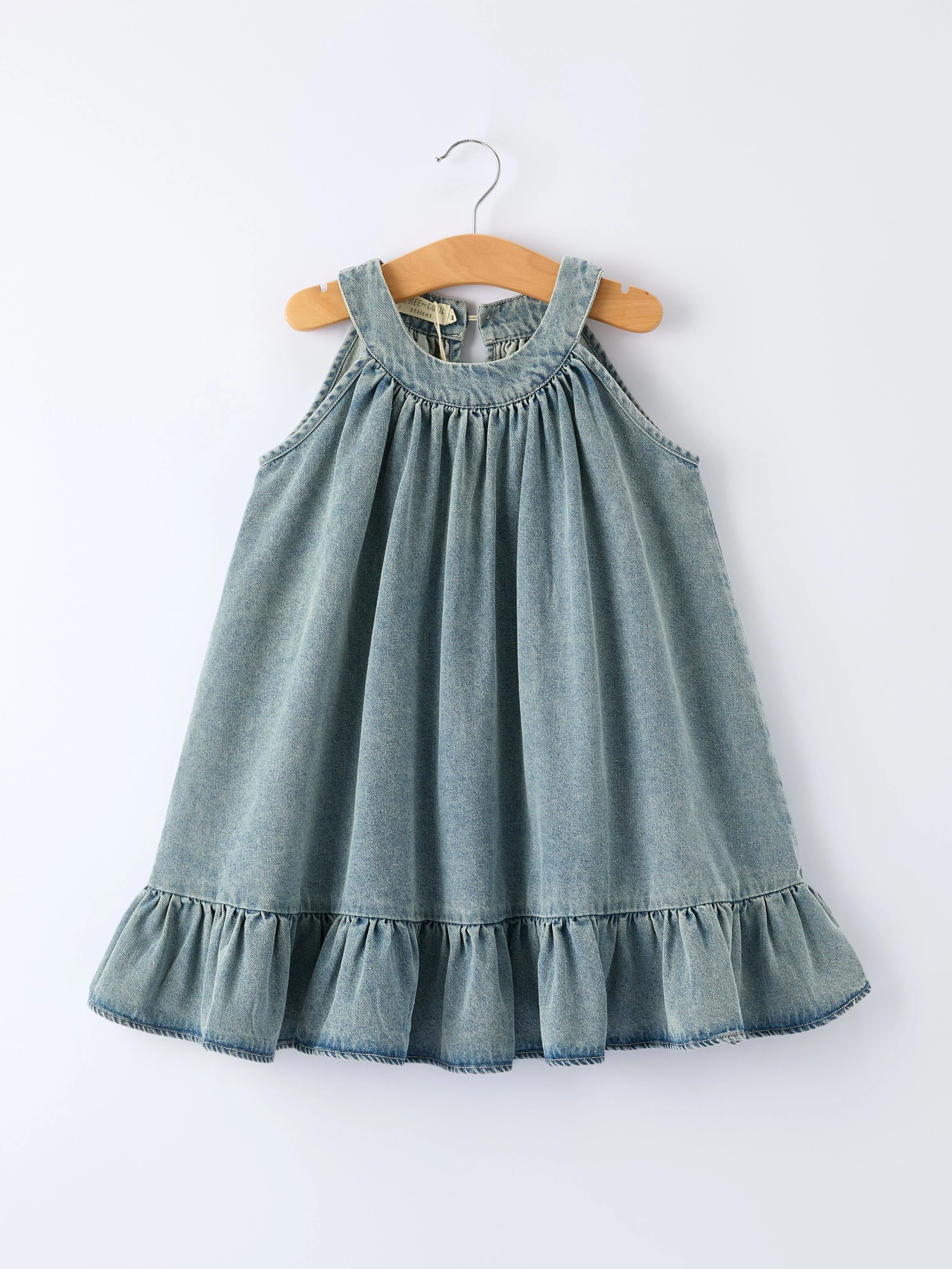 Girls Denim Ruffle Trim A-Line Dress - Image 9