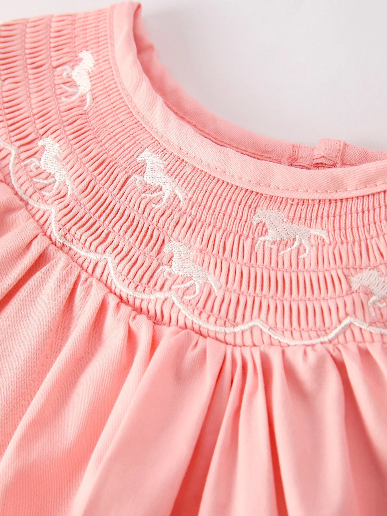 Girls Horse Smocking Embroidered Coral Dress - Image 4