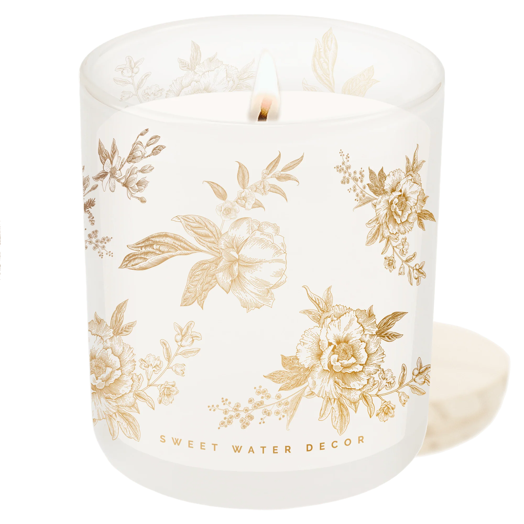 Gold Floral Soy Candle - White Translucent Tinted Glass Jar - 12 oz (Fresh Apple Blossom) - Image 4