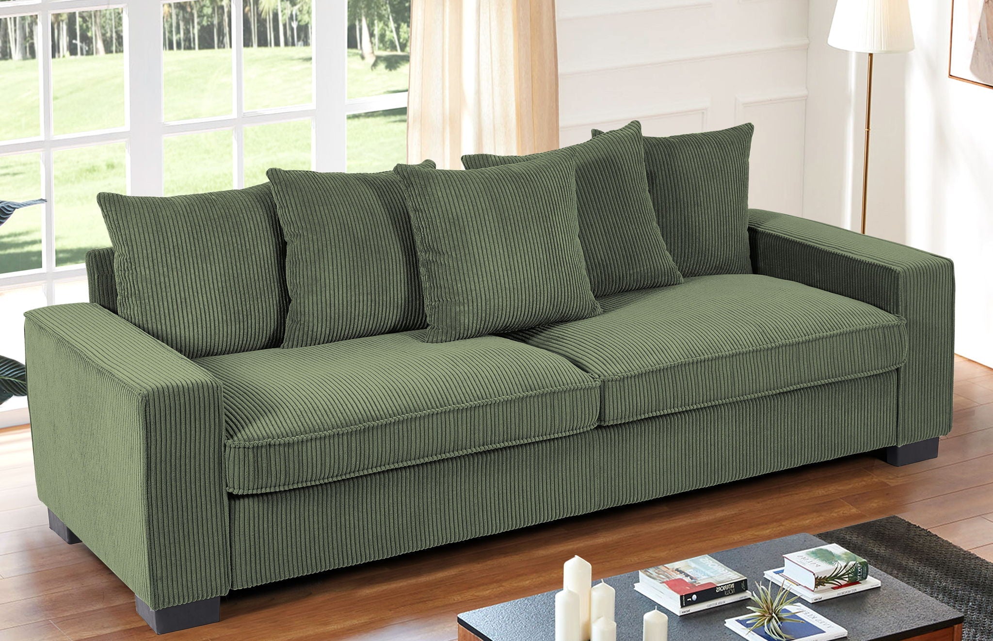 Luxe Sofa With 5 Matching Toss Pillows, Sleek Design, Spacious and Comfortable 3 Seater Couch