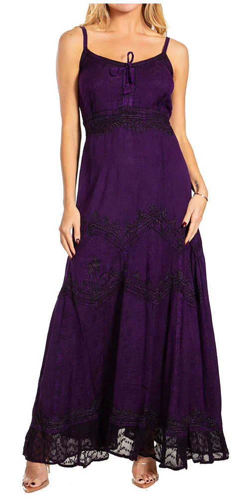 MKY Amy Stonewashed Rayon Embroidered Adjustable Spaghetti Straps Long Dress - Image 19