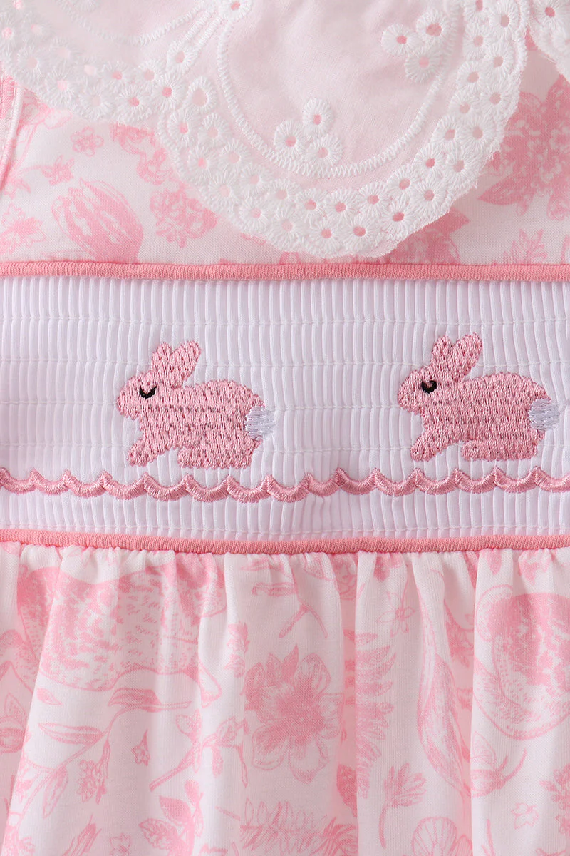 Pink bunny smocked lace collar dress - Image 2