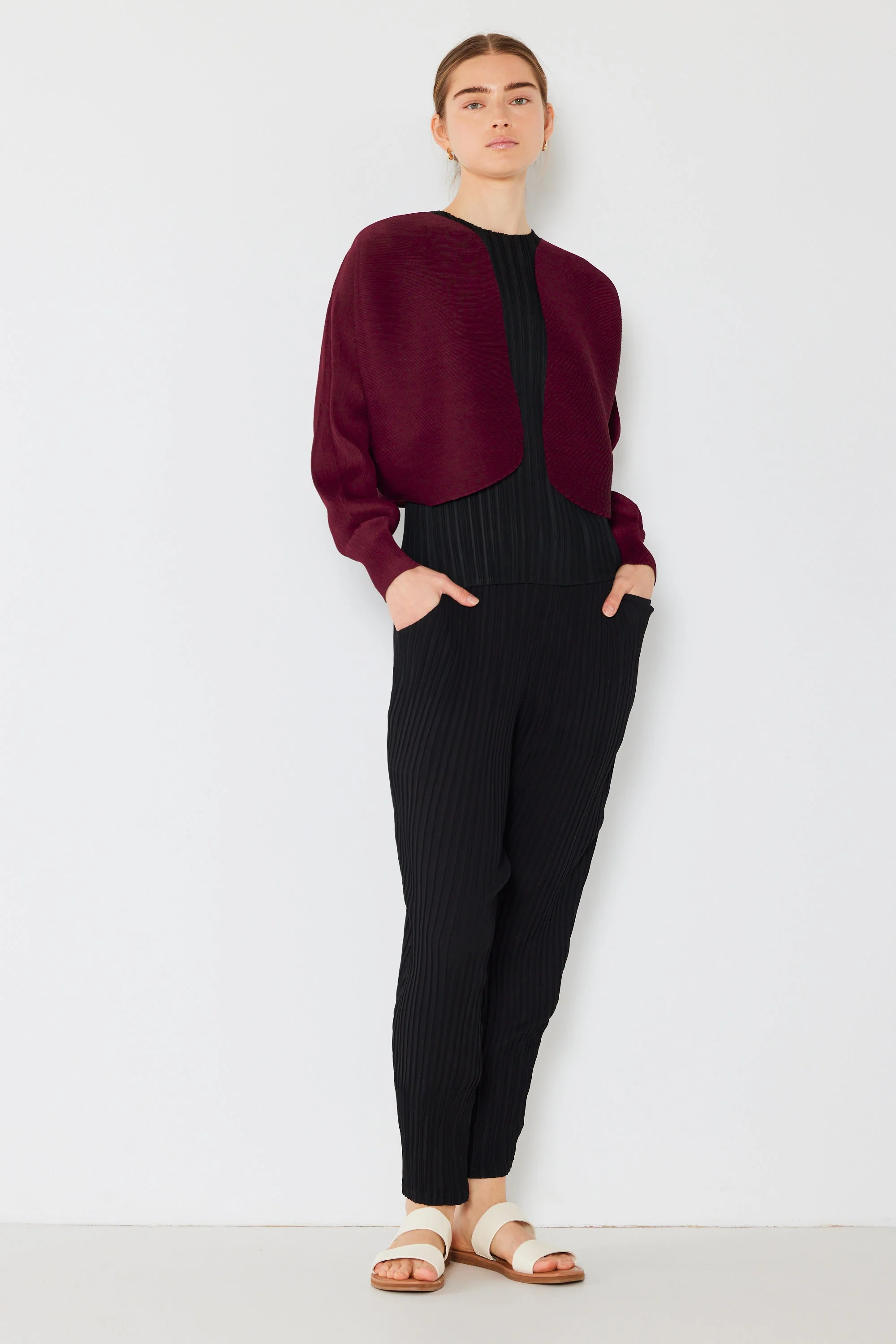 Marina West Pleated Puff Sleeve Bolero Jacket (J04SR) - Wine - Image 4