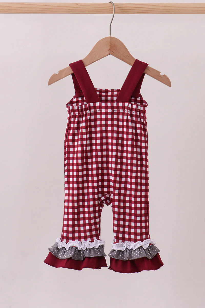 Premium Maroon Georgia bulldog gingham ruffle romper - Image 5