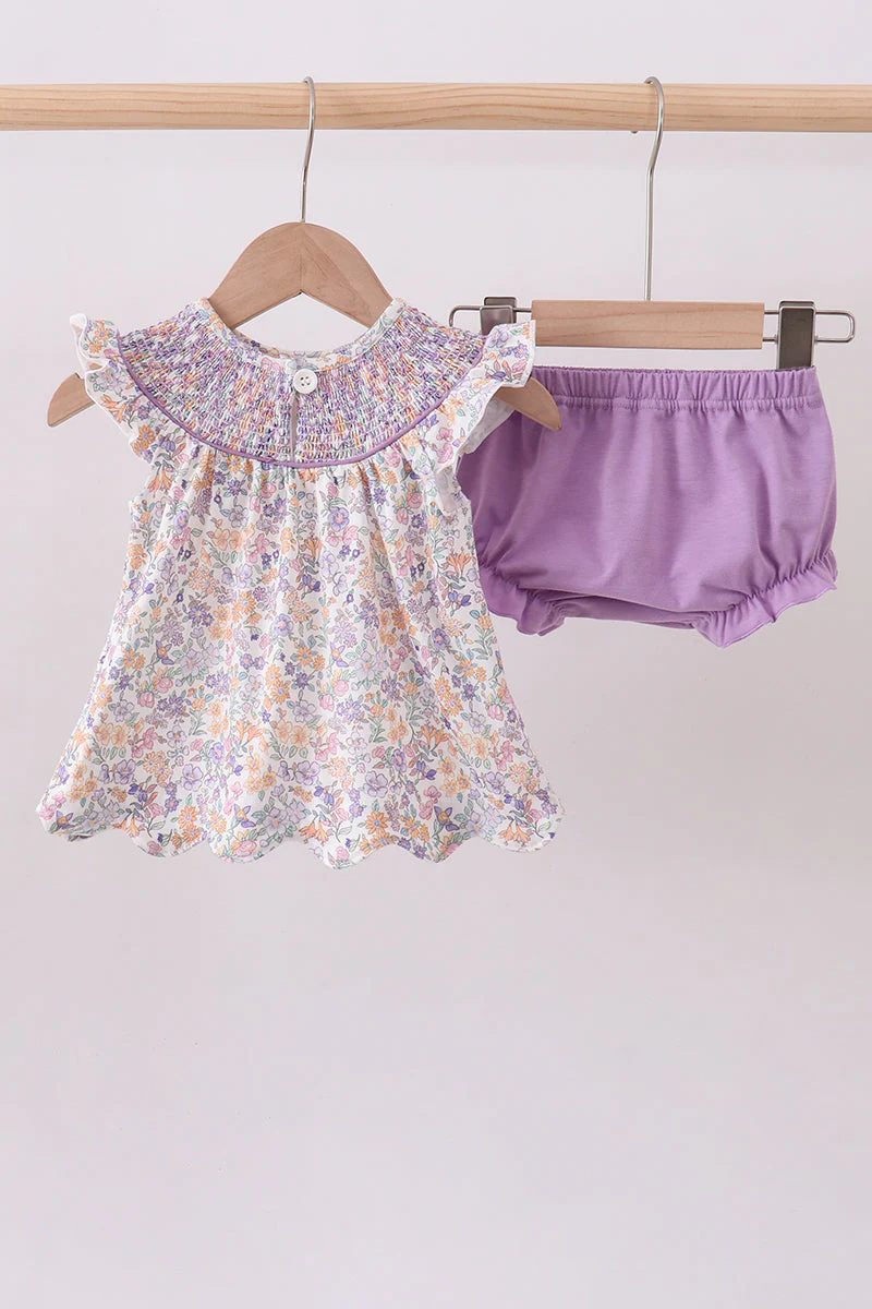 Purple Floral Smocked Bloomer Set - Image 4