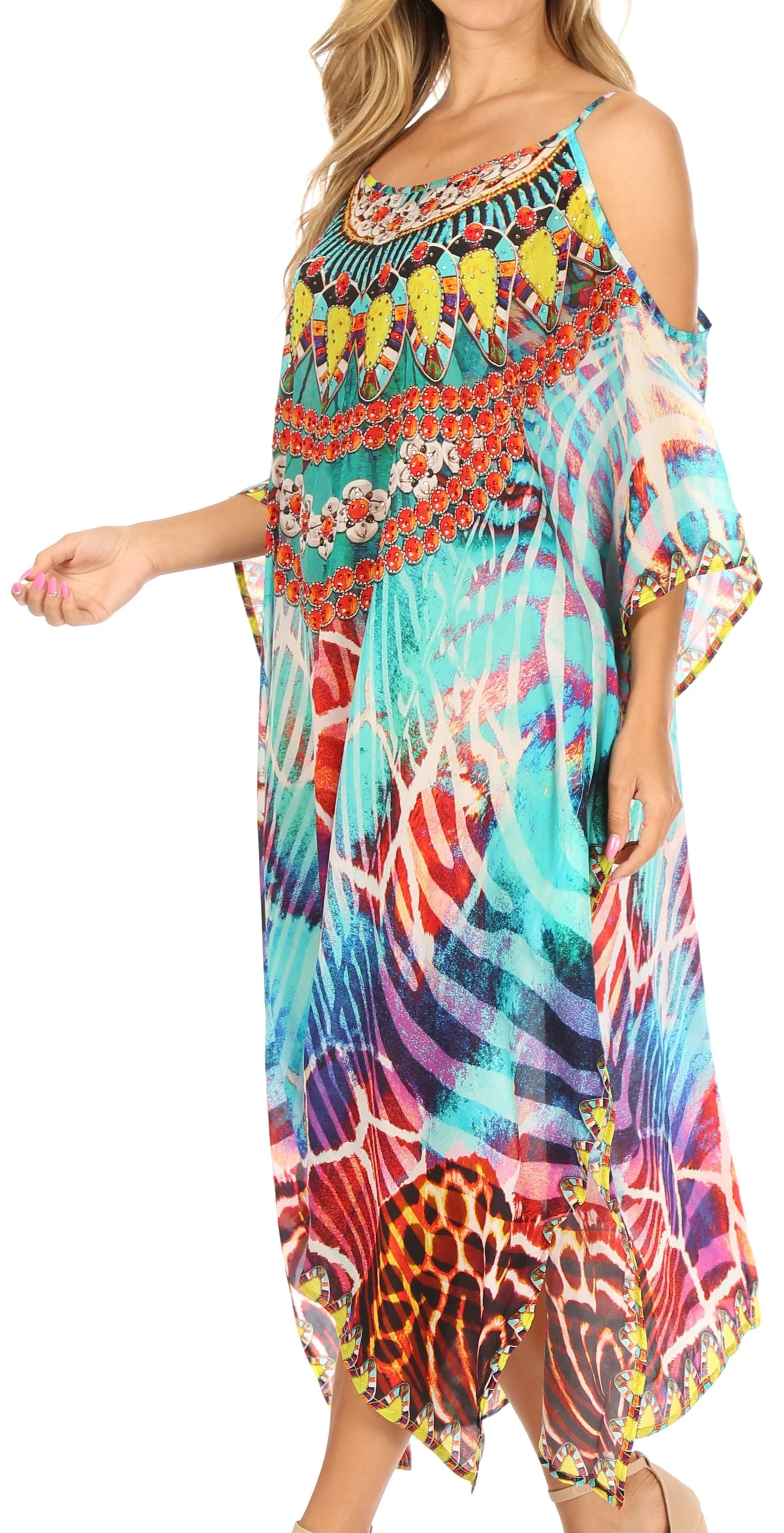 Sakkas Amaya Loose Fit Long Printed Strappy Cutout Shoulder Boat Neck Kaftan Dress - Image 13