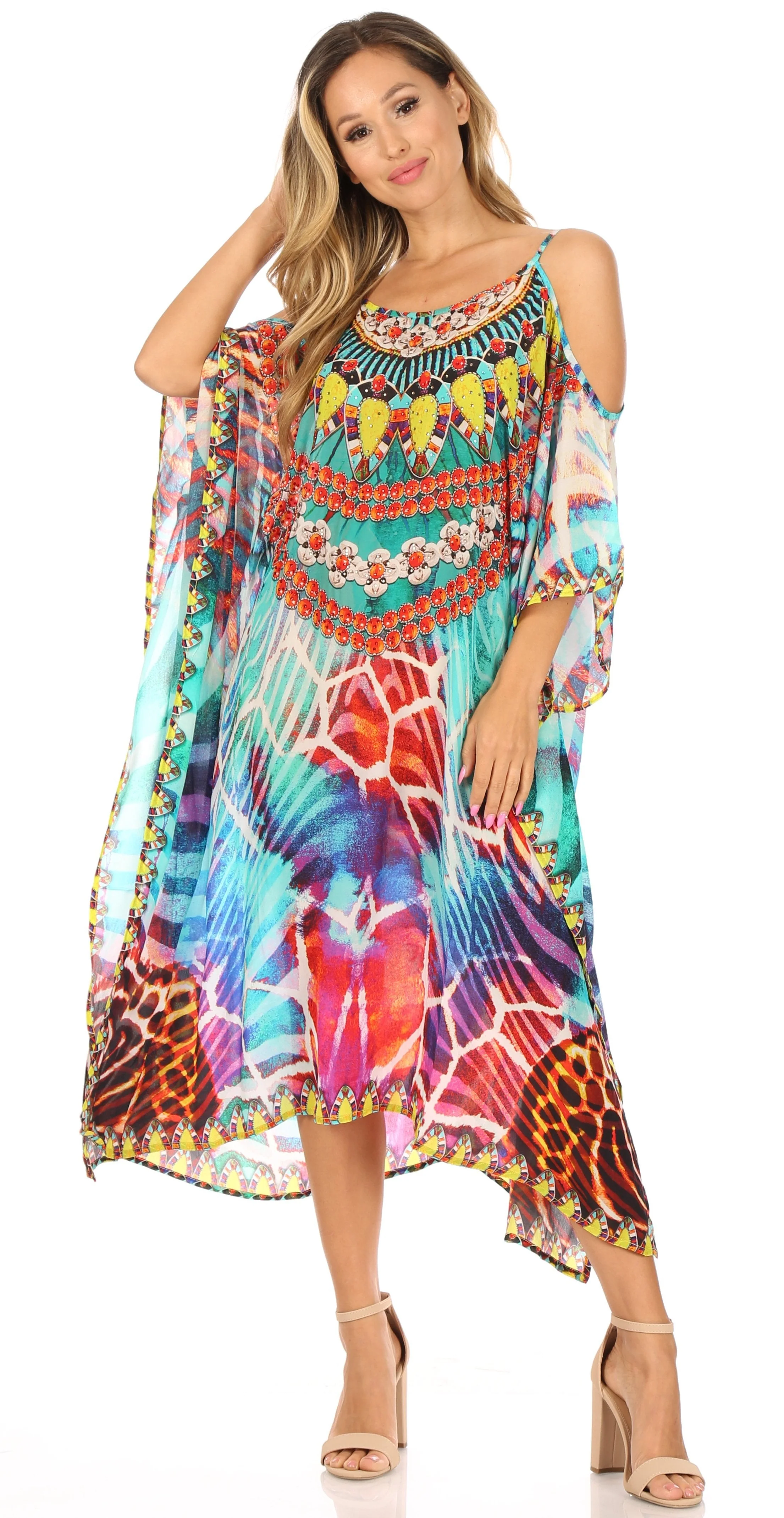 Sakkas Amaya Loose Fit Long Printed Strappy Cutout Shoulder Boat Neck Kaftan Dress - Image 15