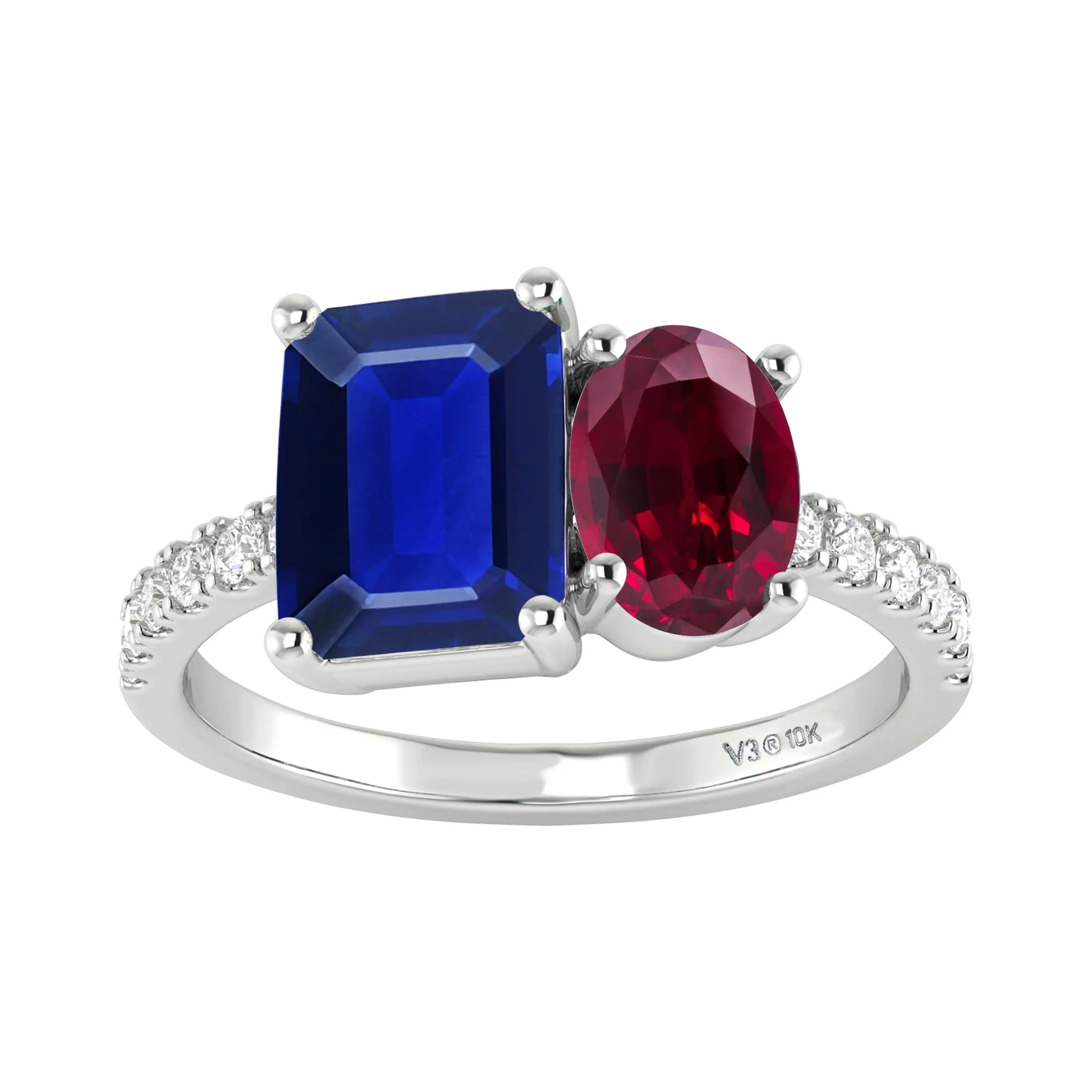 Sterling Silver Blue Sapphire and Ruby Two Stone Engagement Ring