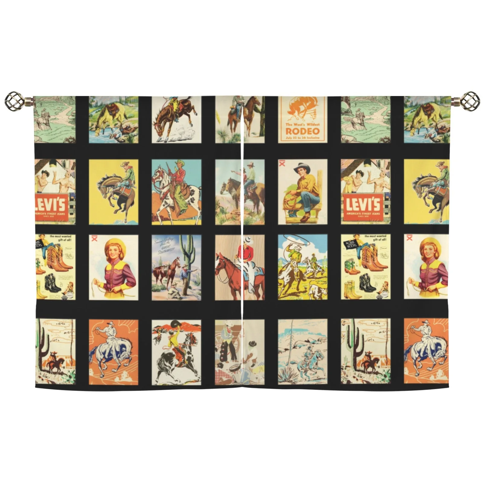 Vintage Western Collage Window Curtains 28"x40" (2-Piece)Made in America - Image 2