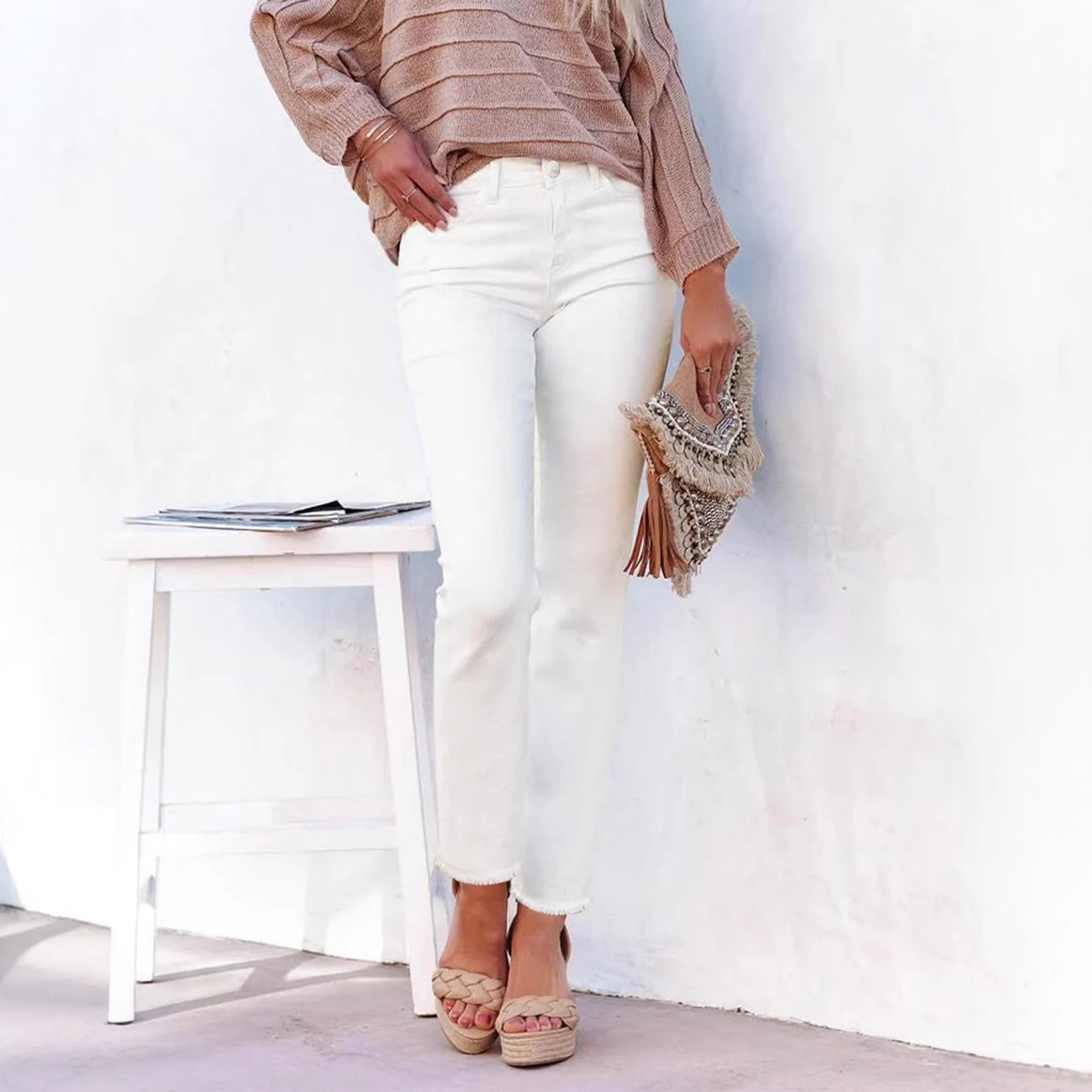 Women's Straight Leg Ankle-Length Raw Hem Denim Pants – Casual High-Waist Jeans - Image 2