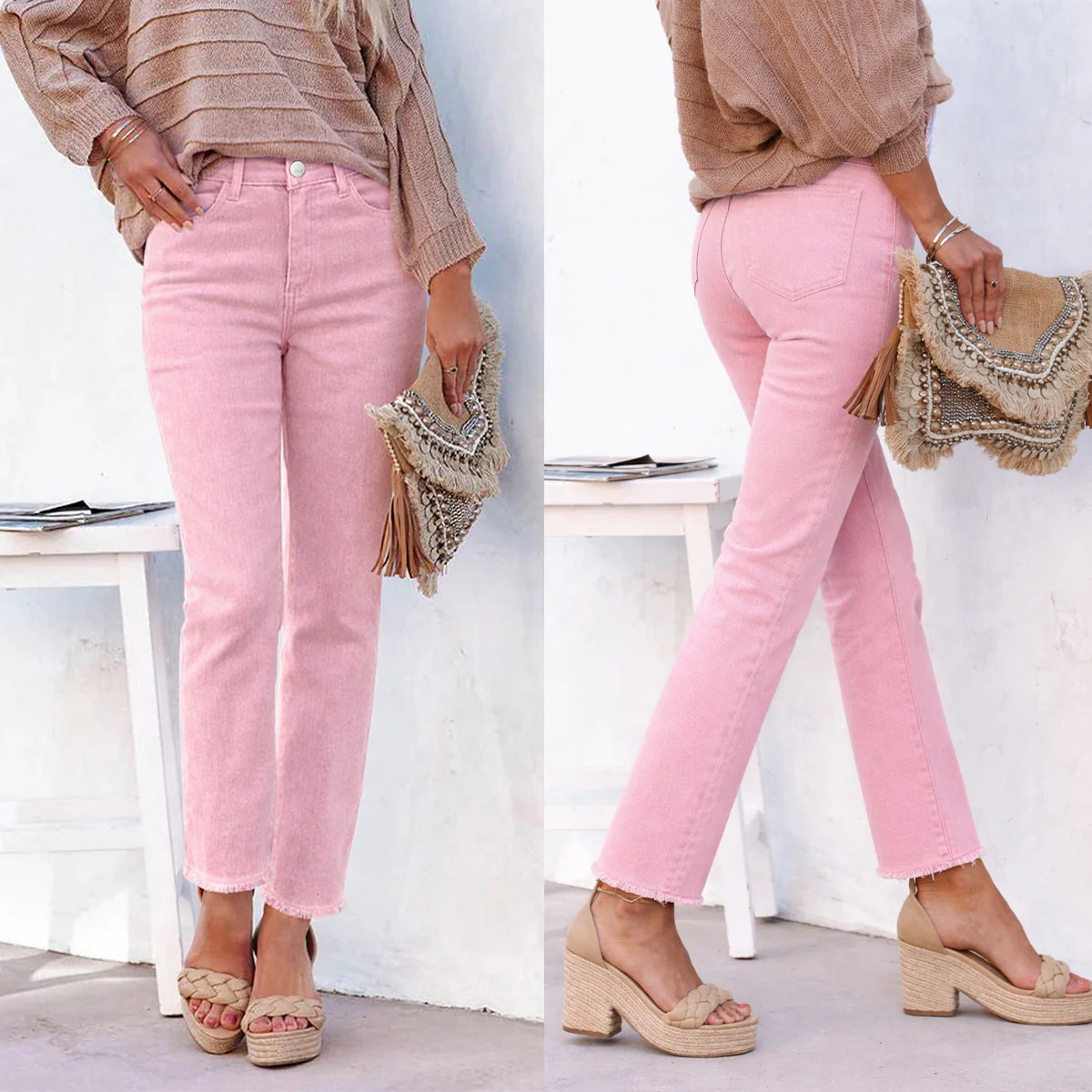 Women's Straight Leg Ankle-Length Raw Hem Denim Pants – Casual High-Waist Jeans - Image 6