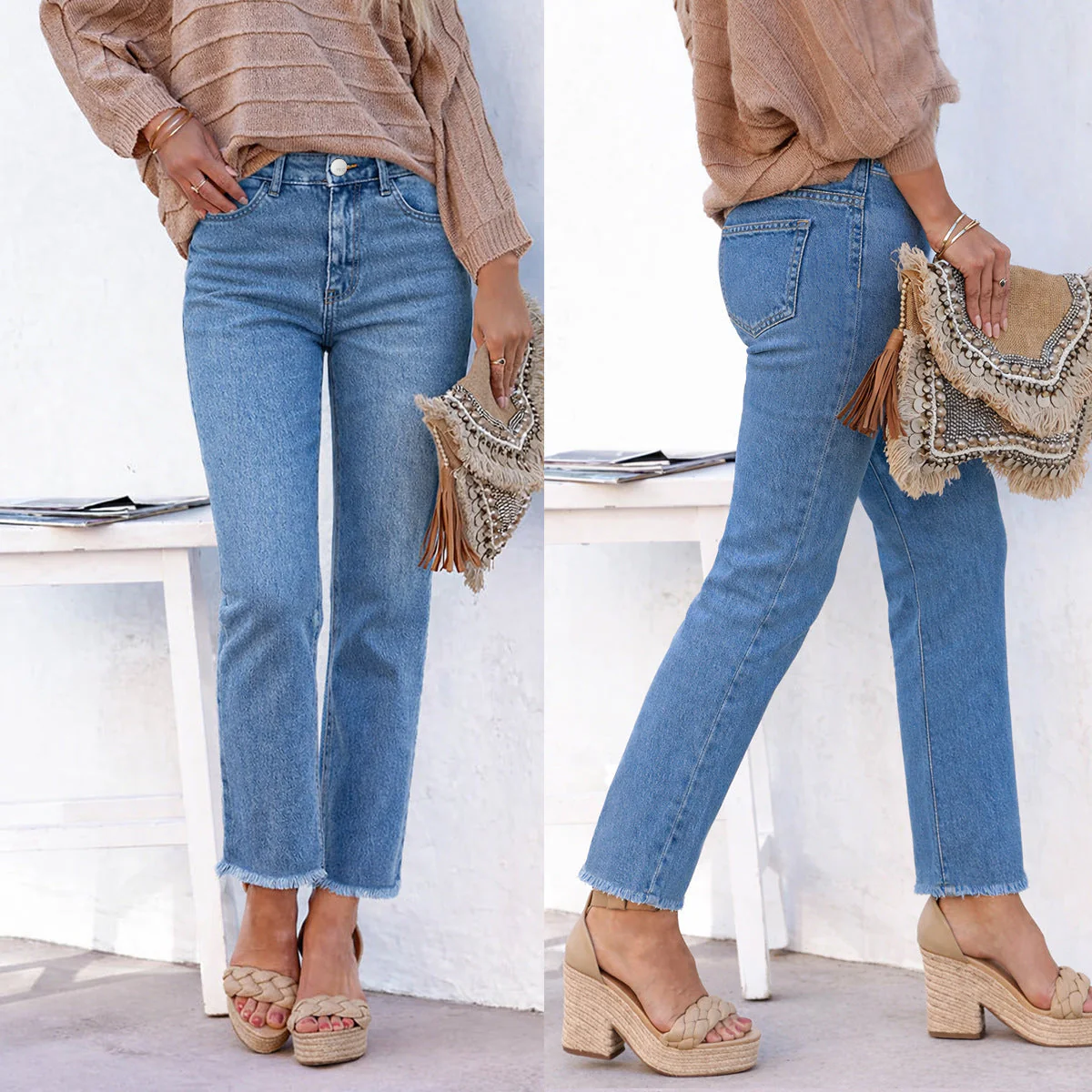Women's Straight Leg Ankle-Length Raw Hem Denim Pants – Casual High-Waist Jeans - Image 7