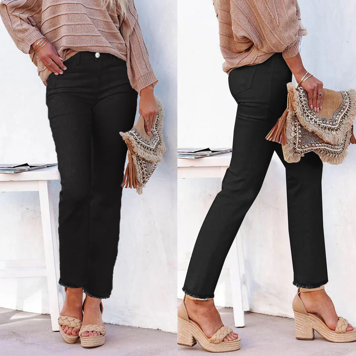Women's Straight Leg Ankle-Length Raw Hem Denim Pants – Casual High-Waist Jeans - Image 8
