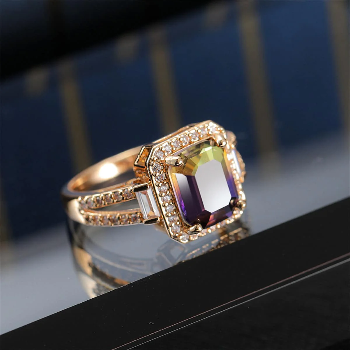 Yellow & Purple Crystal & Cubic Zirconia Princess-Cut Halo Ring - Image 7
